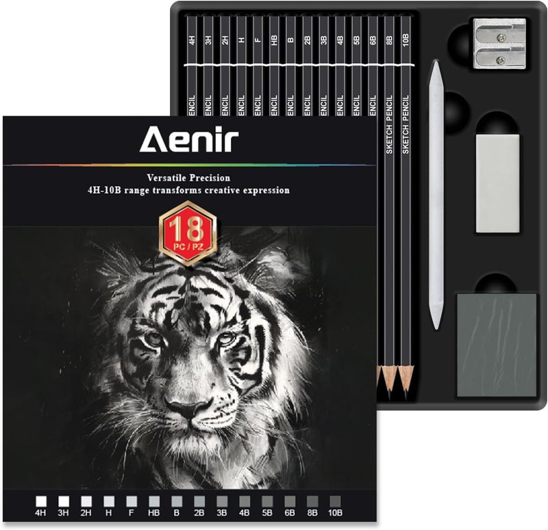 Aenir Sketch Pencils for Drawing, Drawing Pencils Set of 18, 10B–4H Graphite Pencil, Vinyl Eraser, Kneaded Eraser, Sharpener, Blending Stump,Sketch Set for Artists, Art Supplies. - Image 1